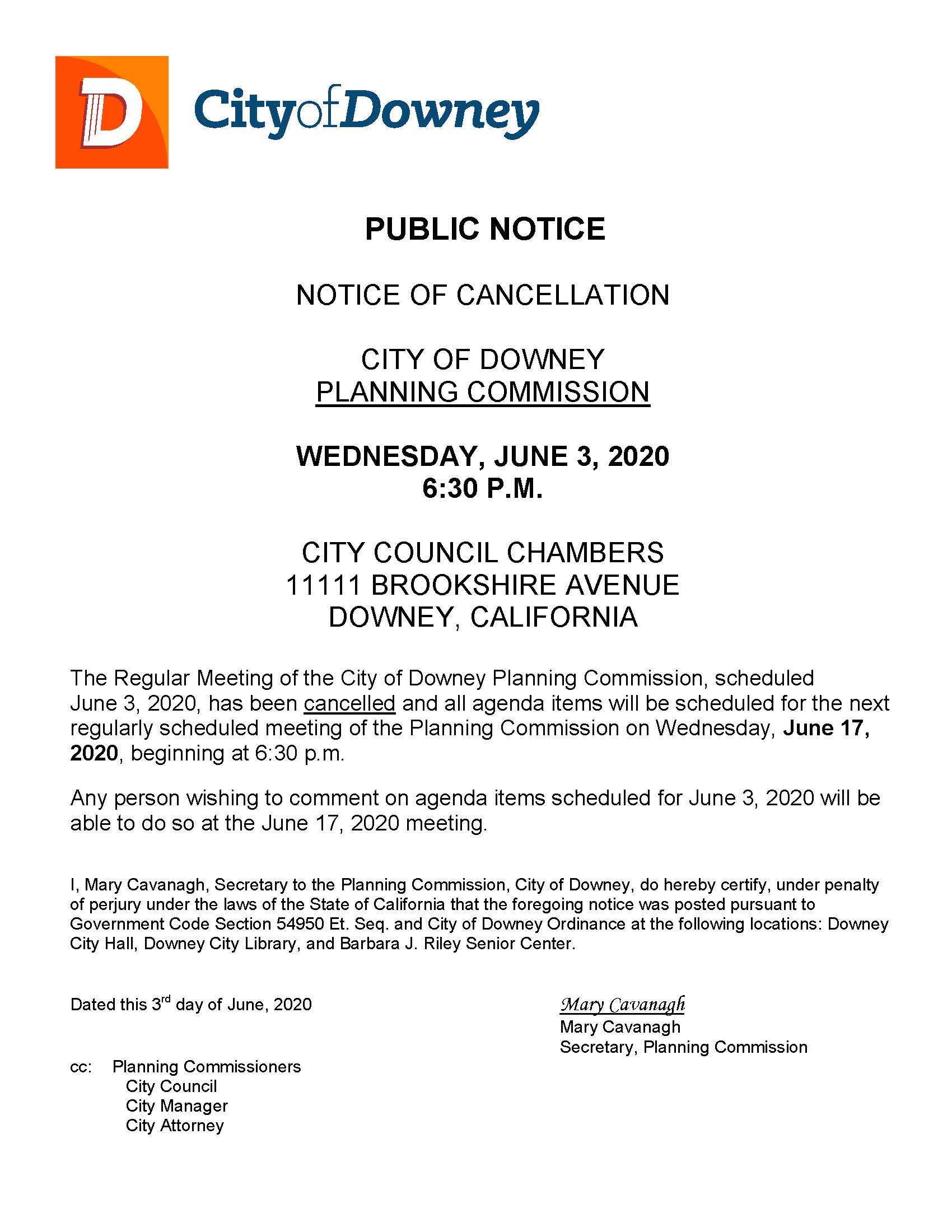 Notice of PC CX. June 3 2020