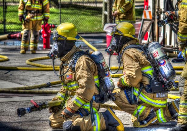 Firefighters kneeling